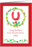 Merry Christmas Farrier Red Horseshoe Holly Custom Name card