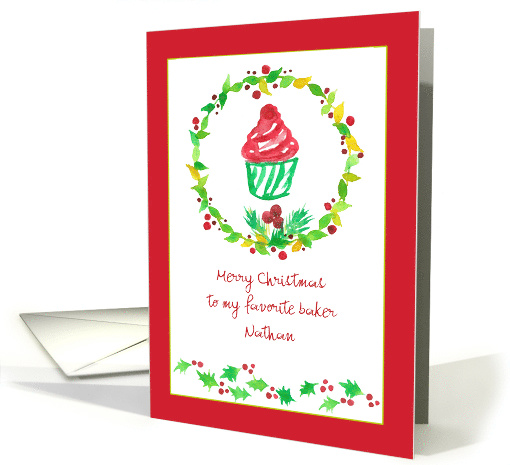 Merry Christmas Baker Red Cupcake Holly Custom Name card (1443410)