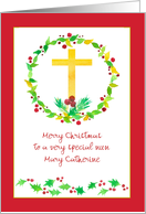 Merry Christmas Nun Yellow Cross Holly Custom Name card