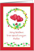 Merry Christmas Caregiver Red Hearts Holly Custom Name card