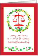 Merry Christmas Lawyer Scales Holly Custom Name card