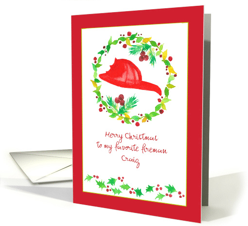 Merry Christmas Fireman Red Fire Helmet Holly Custom Name card