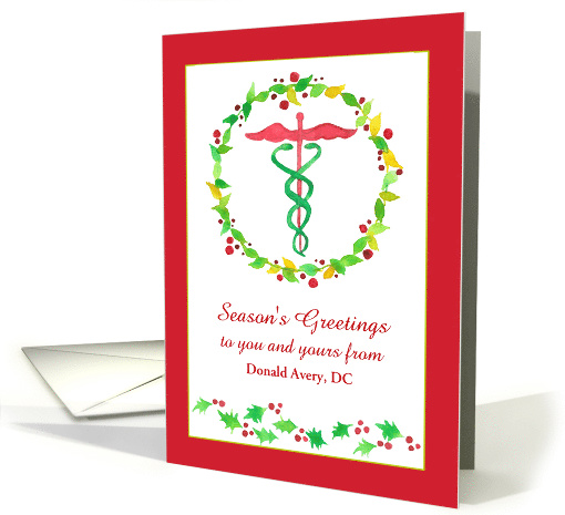 Merry Christmas From Chiropractor Caduceus Holly Custom Name card
