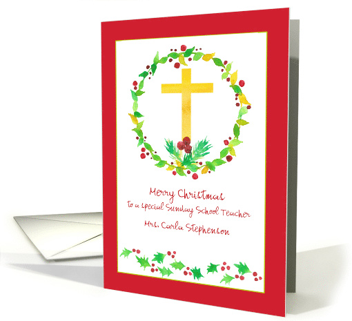 Merry Christmas Sunday School Teacher Cross Holly Custom Name card