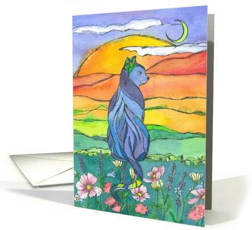 Happy Birthday Blue Cat Autumn Watercolor Landscape card (1456892)