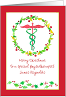 Merry Christmas Physiotherapist Medical Caduceus Custom Name card