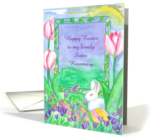 Happy Easter Sister White Rabbit Painted Eggs Custom Name card