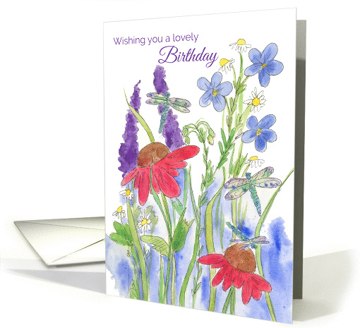 Wishing You A Lovely Birthday Watercolor Wildflowers Dragonflies card