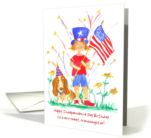 Happy 4th of July Birthday Granddaughter Flag Hound Dog Custom card