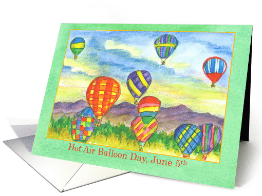 Hot Air Balloon Day June 5th Mountains Watercolor Illustration card