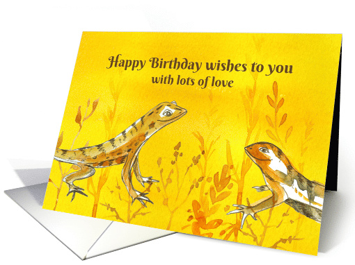 Happy Birthday with Love Lizards Yellow Watercolor Illustration card