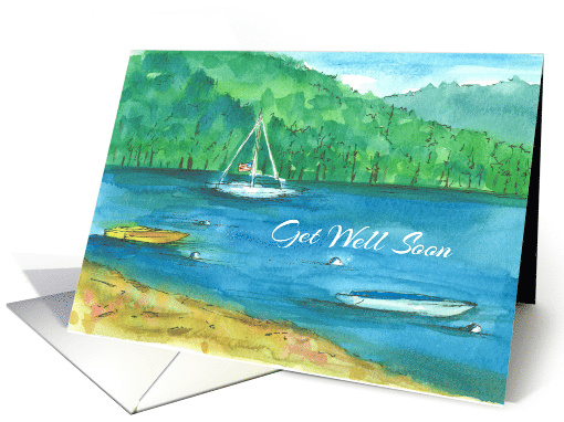 Get Well Soon Mountain Lake Boats Watercolor Painting card (1486842)