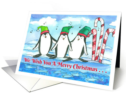We Wish You A Merry Christmas Penguins Fish Watercolor card (1488626)