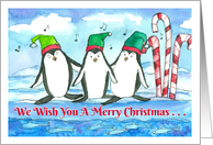 We Wish You A Merry Christmas Penguins Fish Watercolor card