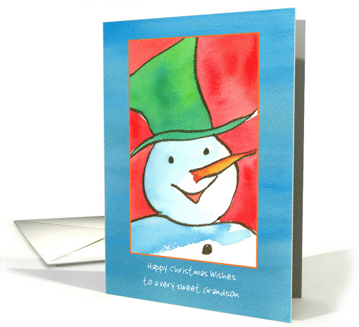 Merry Christmas Grandson Watercolor Snowman Custom card (1490656)