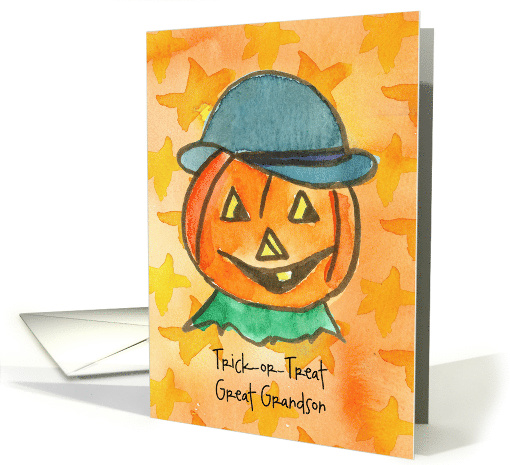 Happy Halloween Great Grandson Watercolor Jack-O-Lantern Custom card
