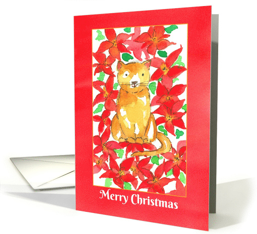 Merry Christmas Cat Red Poinsettia Flowers card (1494520)