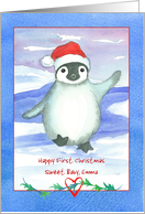 Happy First Christmas Sweet Baby Penguin Custom Name card