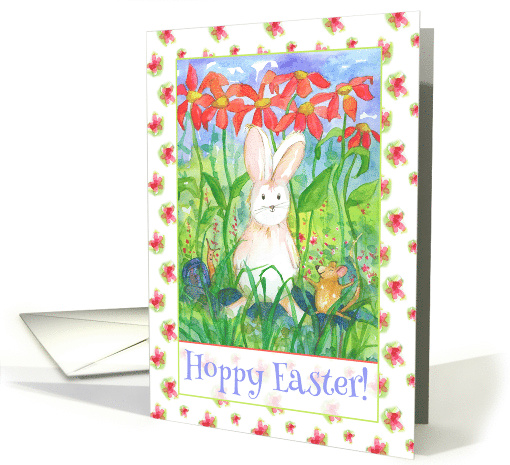 Hoppy Easter White Rabbit Mouse Snail Watercolor Flowers card