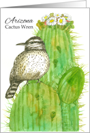 State Bird of Arizona Cactus Wren Saguaro Blossom Watercolor card