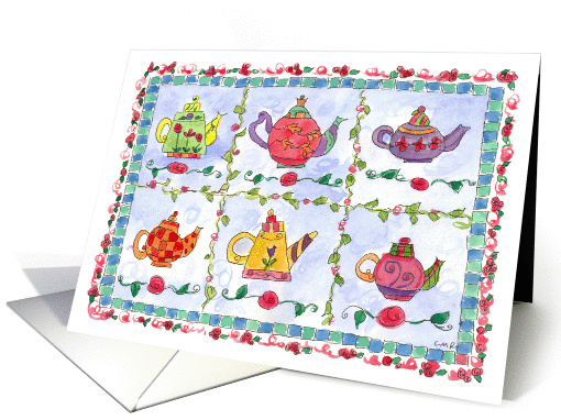 Teapots Colorful Whimsical Flowers Blank Note card (151331)