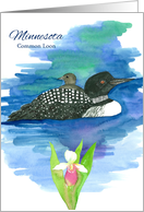 State Bird of Minnesota Common Loon Lady’s Slipper Watercolor card