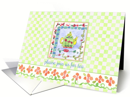 Tea Party Invitation Green Teapot Orange Flowers Green Checks card