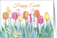 Happy Easter Spring Tulips Dragonfly Drawing card
