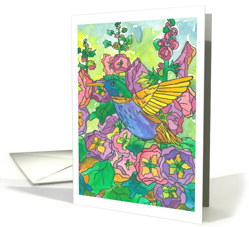 Happy Mother's Day Hummingbird Hollyhock Flowers Watercolor card