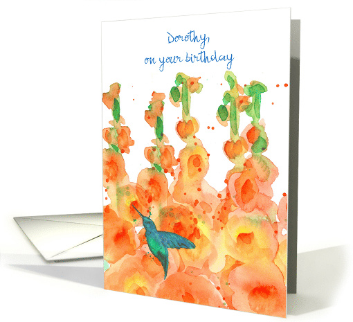 Happy Birthday Hummingbird Hollyhocks Custom Name card (1565750)