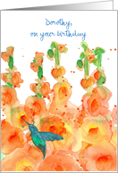 Happy Birthday Hummingbird Hollyhocks Custom Name card