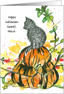 Happy Halloween Niece Black Cat Pumpkins Custom card