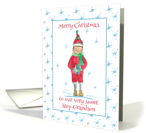 Merry Christmas Step-Grandson Elf Snowflakes Watercolor card (1593186)