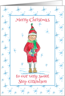Merry Christmas Step-Grandson Elf Snowflakes Watercolor card