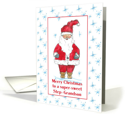 Merry Christmas Step Grandson Santa Snowflakes Watercolor card