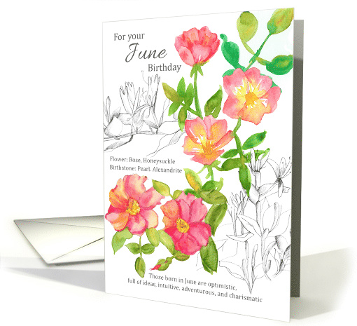 For Your June Birthday Roses Honeysuckle Botanical card (1601104)