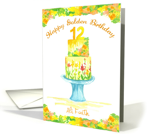 Happy 12th Golden Birthday Cake Custom Name card (1601920)