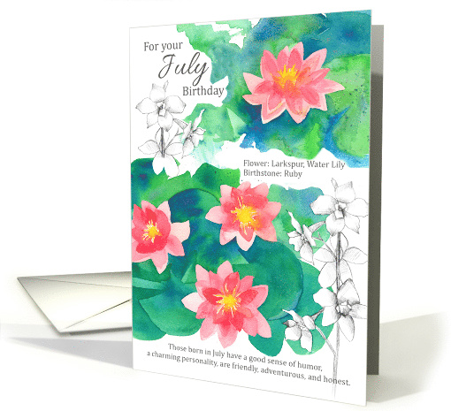 For Your July Birthday Waterlily Larkspur Botanical card (1602070)