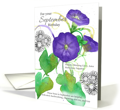 For Your September Birthday Morning Glory Asters Spatter card