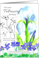 For Your February Birthday Iris Violets Botanical card