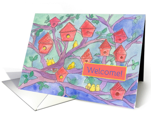 Red Bird Houses Welcome to the Neighborhood Yellow Birds card (162221)