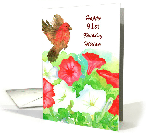 Happy 91st Birthday Red Petunia Finch Bird Custom Name card (1638326)