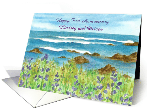Happy 1st Anniversary Ocean Beach Wildflowers Custom Name card
