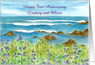 Happy 1st Anniversary Ocean Beach Wildflowers Custom Name card