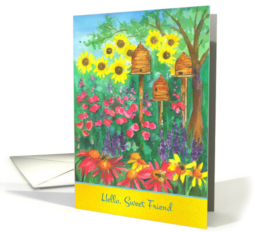 Hello Sweet Friend Daisy Sunflowers Honey Bee Skeps Watercolor card