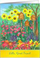 Hello Sweet Friend Daisy Sunflowers Honey Bee Skeps Watercolor card