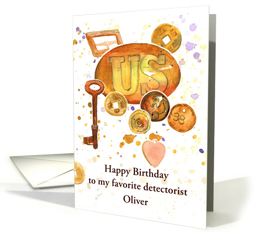 Happy Birthday Metal Detecting Treasures Spatter Custom Name card