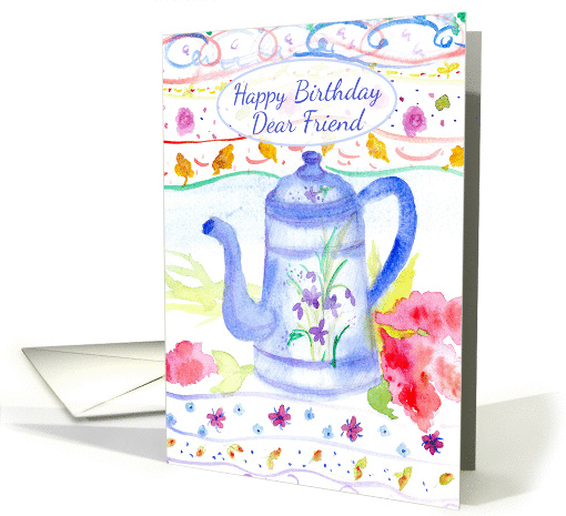 Happy Birthday Dear Friend Antique Blue Coffee Pot Watercolor card