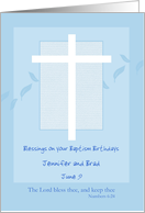 Baptism Anniversary for Two People Cross Bible Verse Blue Custom Name card