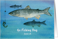 Go Fishing Day June 18 Lake Fish Worm Bait Watercolor card